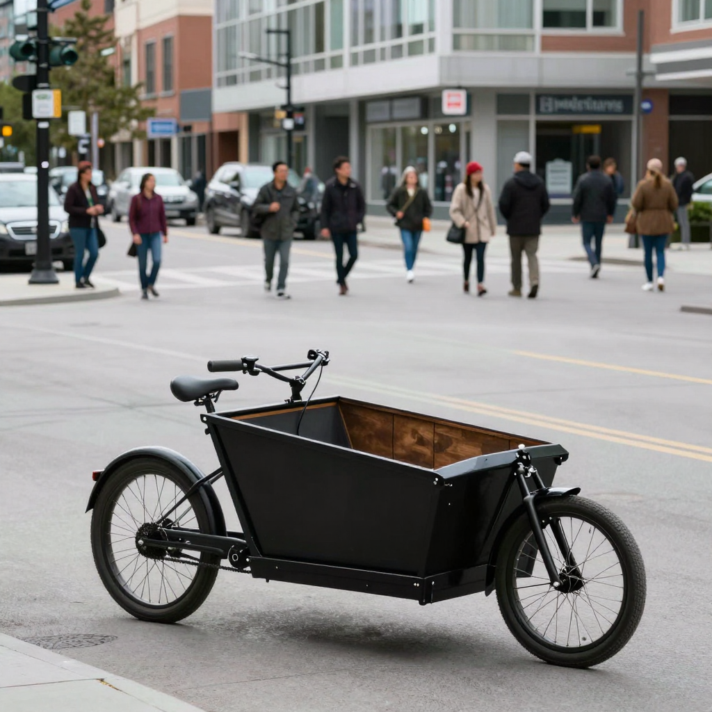 A heavy black cargo bicycle photographed from the side on a quiet city street in daylight, with a deep wooden box mounted low between the handlebars and the front wheel and a broad metal stand holding it upright.