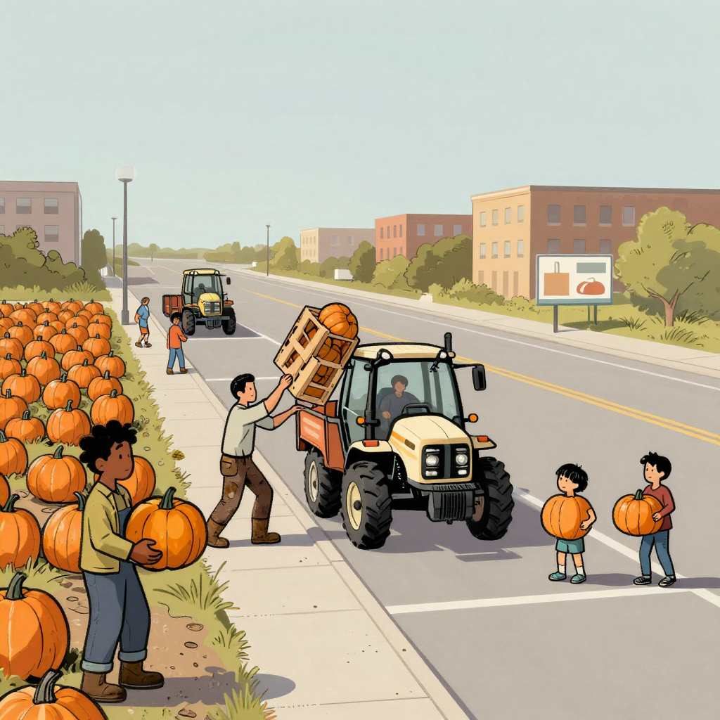 An autumn pumpkin field in the late afternoon, where a small tractor towing a flatbed trailer has just begun rolling forward along the row. Two workers in muddy boots are still swinging a heavy wooden crate of pumpkins up toward the back of the moving trailer, and the crate is tilting away from them as the tailgate pulls out of their reach. The driver sits facing ahead with his back turned, and further down the rows two children carry pumpkins against their chests without looking up.