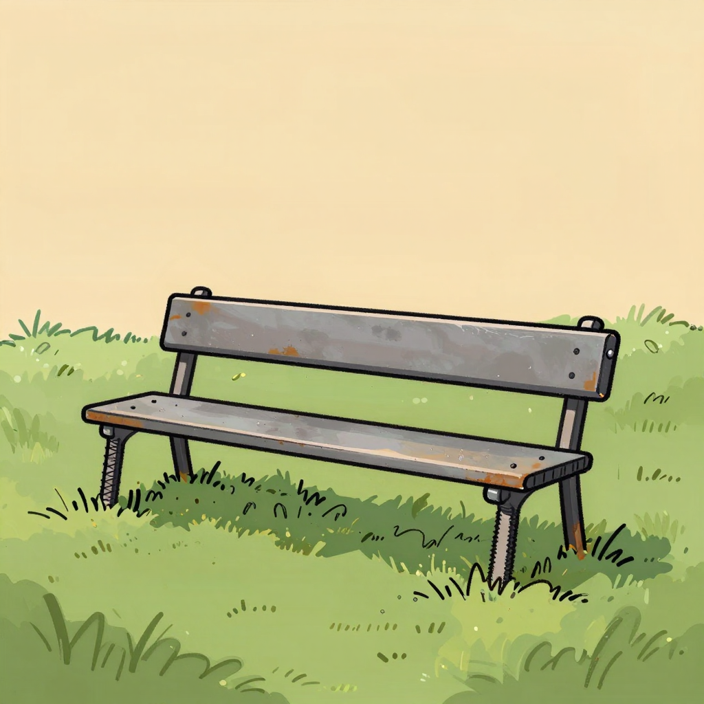 A one-of-a-kind park bench in a grassy small-town park: a wide metal tractor seat, its surface pierced with a ring of drainage holes, welded onto legs made of thick rebar bent into loose zigzags, the steel showing patches of orange rust against green grass.