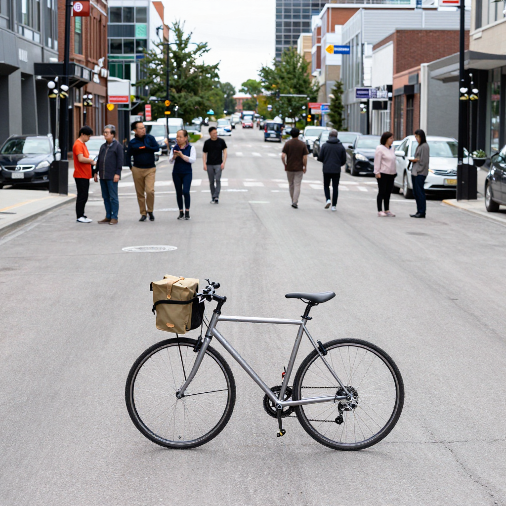 A slim silver road bicycle photographed from the side on a quiet city street in daylight, with dropped handlebars, narrow tires and two small canvas panniers clipped to a rack above the back wheel.