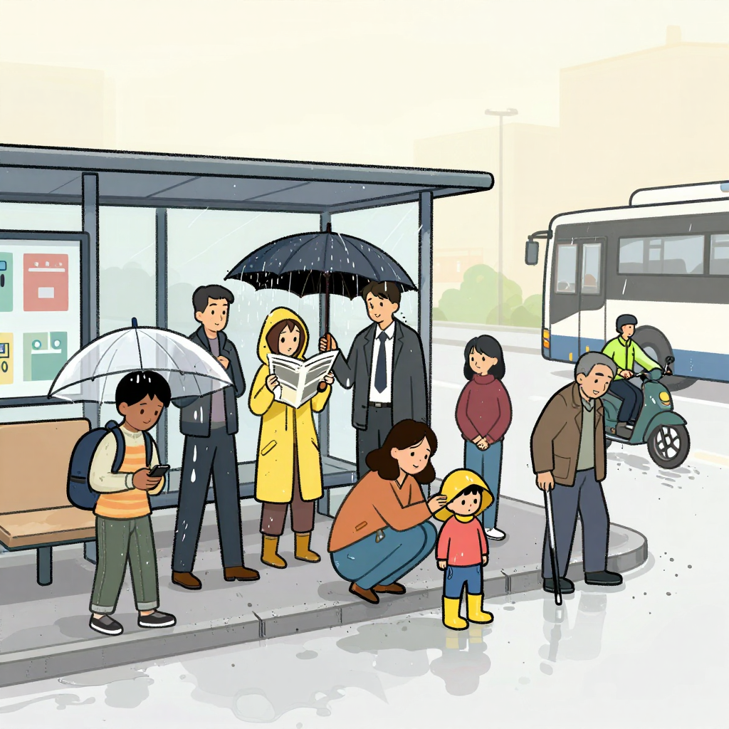 A crowded city bus stop on a grey rainy morning, with wet pavement and puddles along the curb. Under a glass shelter a woman in a yellow raincoat holds a folded newspaper over her head while a man in a business suit shakes water off a black umbrella. In the foreground a teenager with a soaked backpack scrolls on a phone under a clear plastic umbrella, and beside him a mother crouches to pull a rain hood over a small child in rubber boots. At the edge of the group an older man leans on a cane and looks down the street toward a bus splashing through a puddle, while behind the shelter a delivery cyclist in a bright vest waits with one foot on the curb.